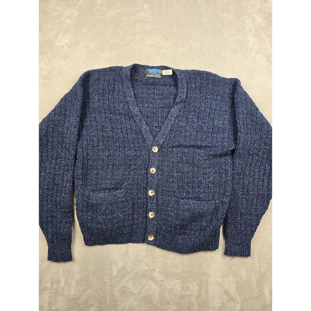 Vintage Timber Valley Cardigan Sweater Mens L Blue Wool Blend Knit Made In USA
